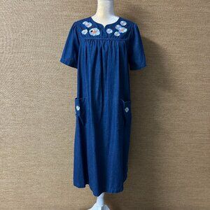 Go Softly Patio Dress Womens Small Blue Denim Embroidered Flowers & Ladybugs